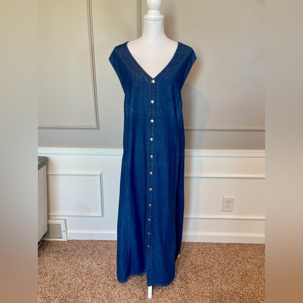 Vintage Elisabeth Denim Jean Jumper Dress 28W Plus Maxi Long Button Down Soft
